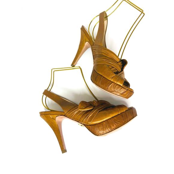 Prada Tan Leather Slingback Heels Size 36 Knotted Platform Sandals - Picture 3 of 11